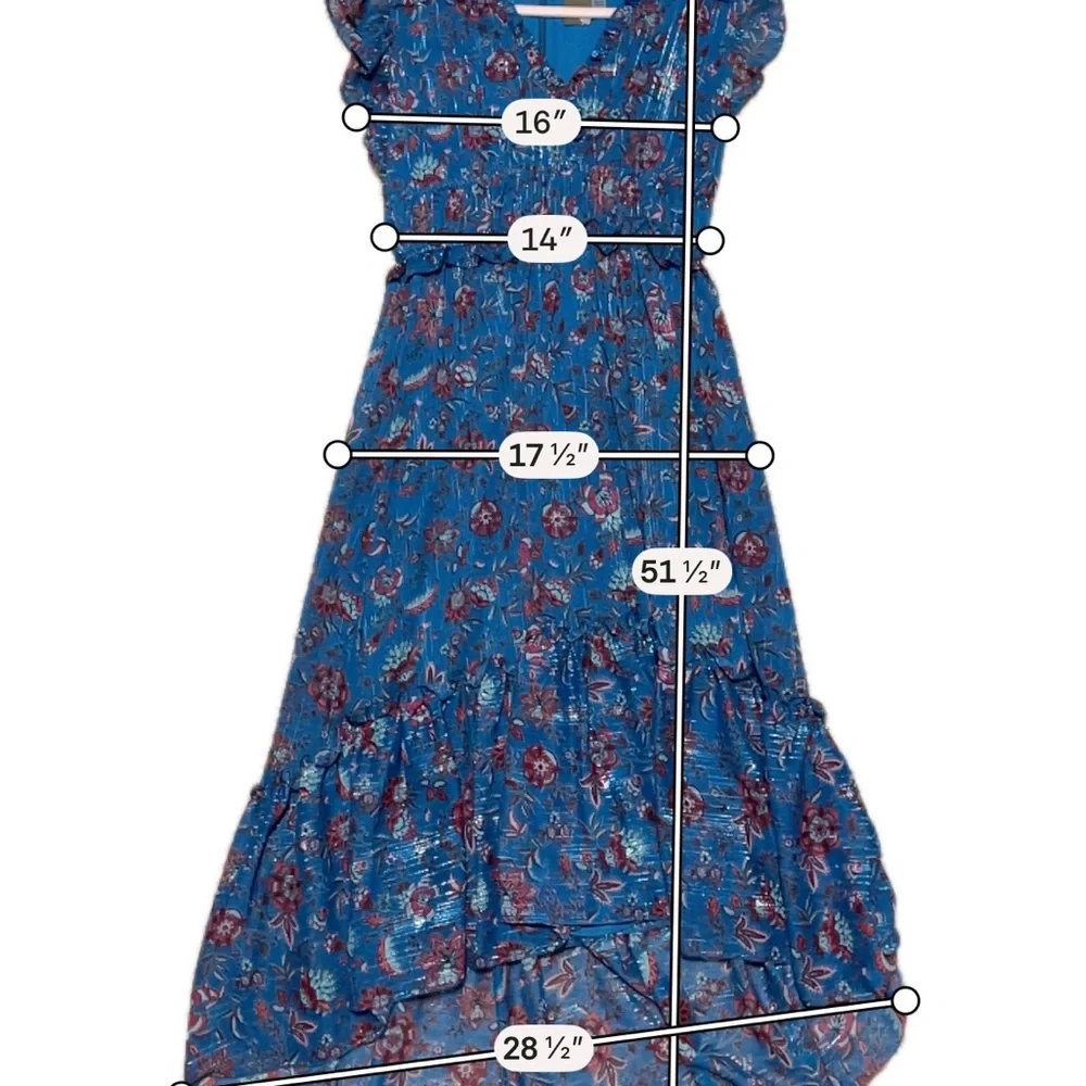 Anthropologie Taylor Blue Floral Chiffon Dress Ruffle Tiered Boho Flowy Size 4 - Picture 6 of 10